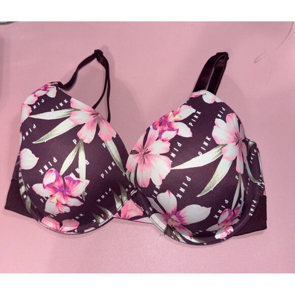 Victoria's Secret PINK Bra Women's 34DD Plum Purple Floral T-shirt Lightly Lined - Picture 2 of 5